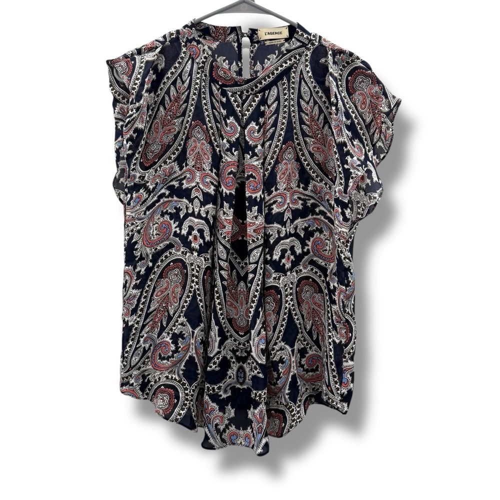 L'agence 100% Silk Black Coral White Paisley Print Short Sleeve Top Sz XS